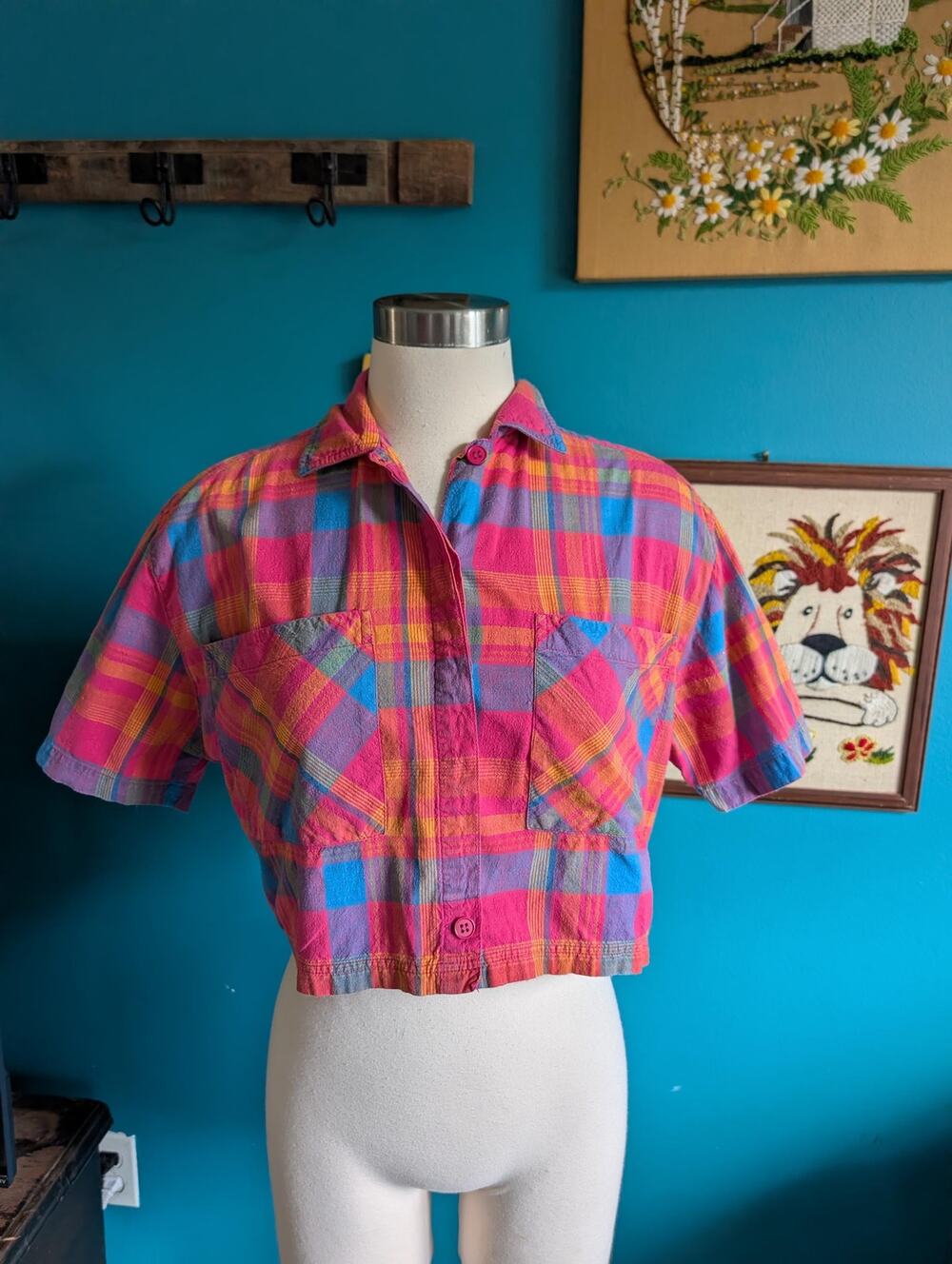 Vintage made in india cotton madras plaid cropped button down shirt size small
